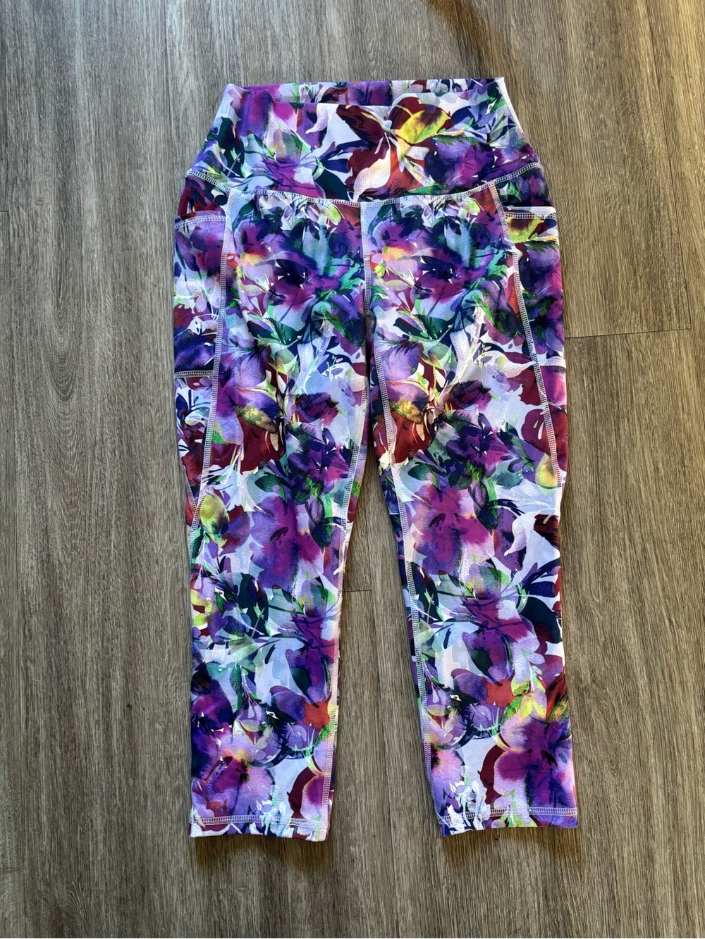 RBX Purple Floral Capri Leggings with Side Pockets